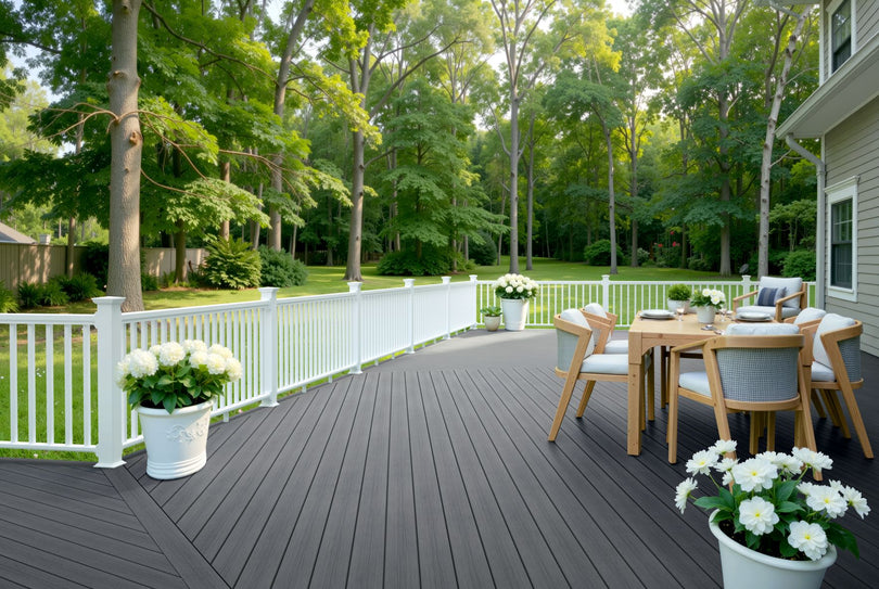 Deckorators composite deck in a wooded backyard with white railing and patio furniture
